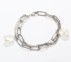 925 Sterling Silver Double Layer Baroque Pearl Paperclip Bracelet