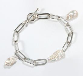 925 Sterling Silver Paperclip Chain Biwa Pearl Toggle Bracelet