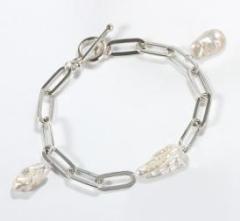 925 Sterling Silver Paperclip Chain Biwa Pearl Toggle Bracelet