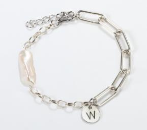 925 Sterling Silver Mixed Chain Biwa Pearl Initial Letter Charm Bracelet