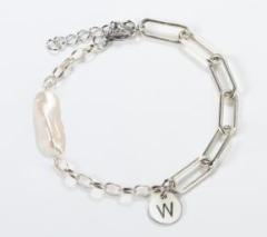925 Sterling Silver Mixed Chain Biwa Pearl Initial Letter Charm Bracelet