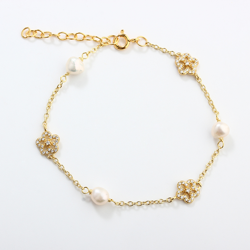 925 Sterling Silver Flower and Pearl Bracelet