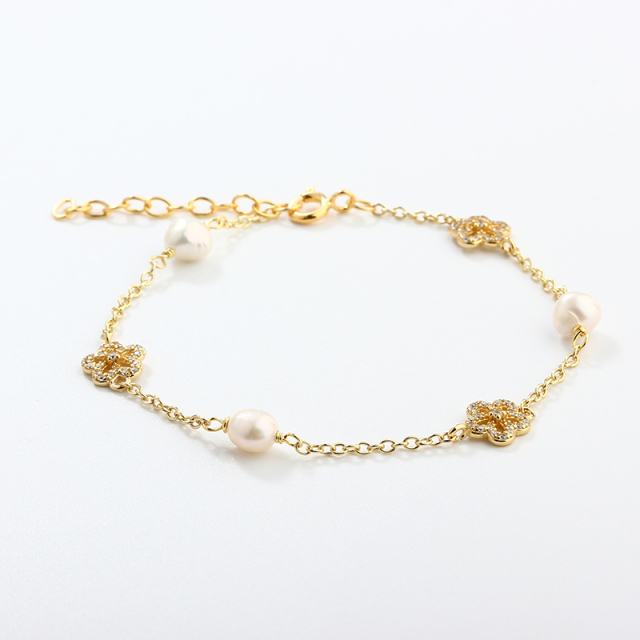 925 Sterling Silver Flower and Pearl Bracelet