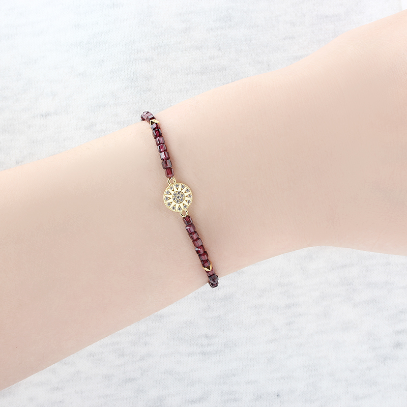 925 Sterling Silver Garnet Sunburst Charm Beaded Bracelet