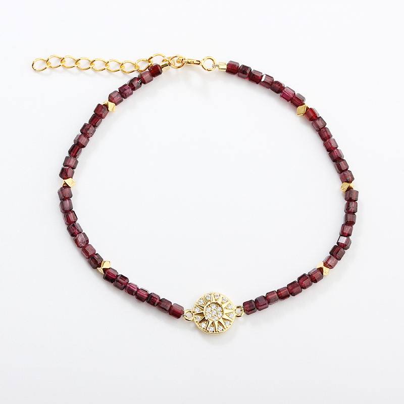 925 Sterling Silver Garnet Sunburst Charm Beaded Bracelet