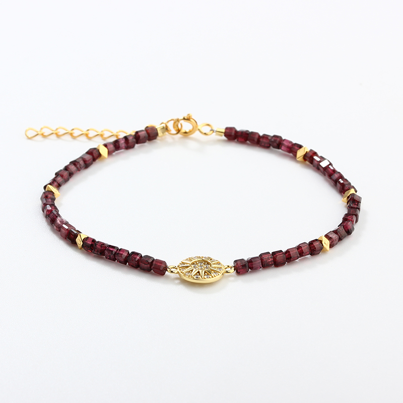 925 Sterling Silver Garnet Sunburst Charm Beaded Bracelet