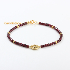 925 Sterling Silver Garnet Sunburst Charm Beaded Bracelet