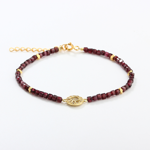 925 Sterling Silver Garnet Sunburst Charm Beaded Bracelet