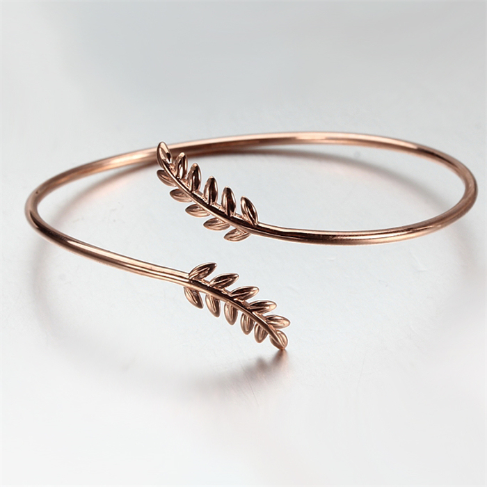 925 Sterling Silver Rose Gold Leaf Open Cuff Bangle Bracelet