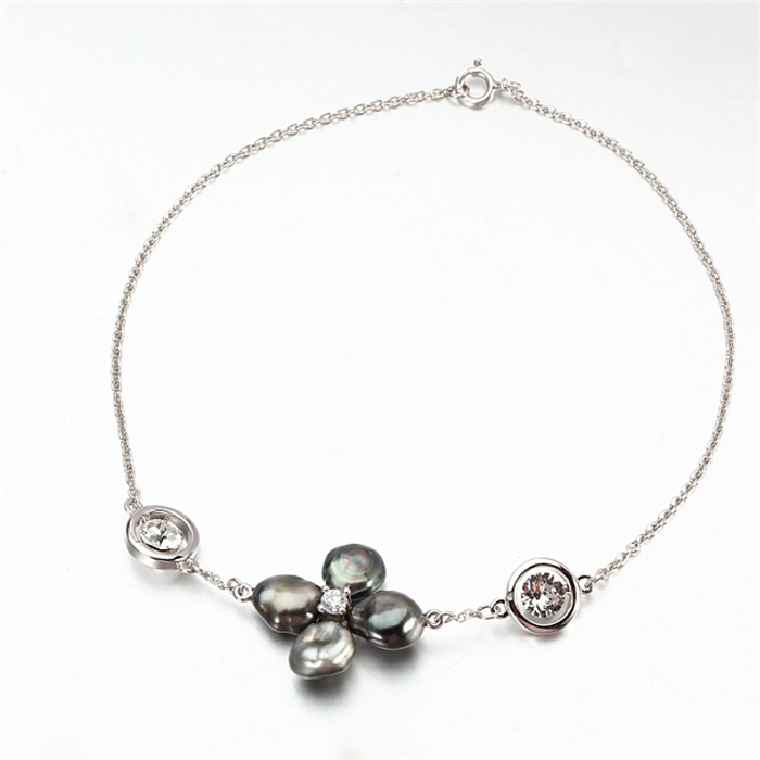 925 Sterling Silver Black Baroque Pearl Flower Bracelet with Crystals