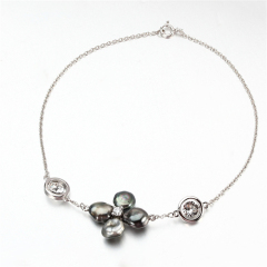 925 Sterling Silver Black Baroque Pearl Flower Bracelet with Crystals