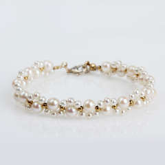 925 Sterling Silver White Pearl Cluster Bracelet with Gold Beads