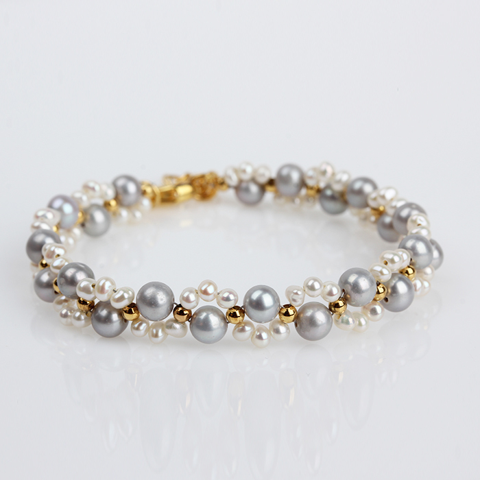 925 Sterling Silver Elegant Grey Pearl and White Pearl Cluster Bracelet