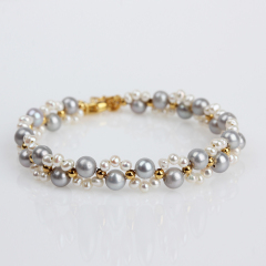 925 Sterling Silver Elegant Grey Pearl and White Pearl Cluster Bracelet