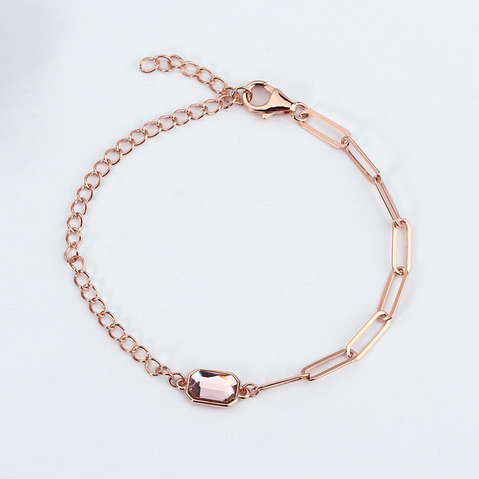 925 Sterling Silver Rose Gold Paperclip Chain Bracelet with Pink Crystal