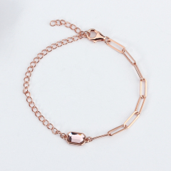 925 Sterling Silver Rose Gold Paperclip Chain Bracelet with Pink Crystal