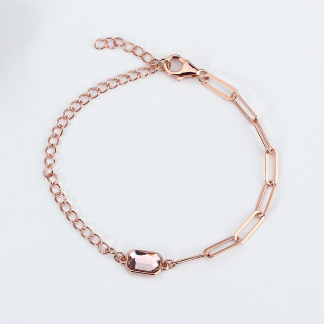 925 Sterling Silver Rose Gold Paperclip Chain Bracelet with Pink Crystal