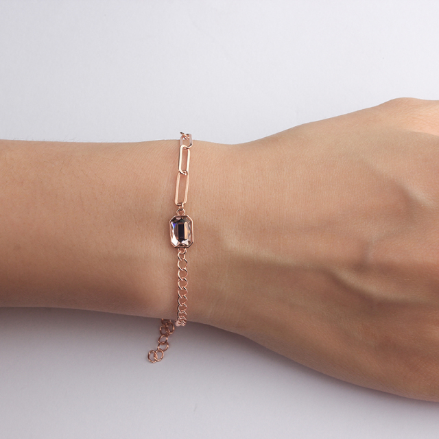 925 Sterling Silver Rose Gold Paperclip Chain Bracelet with Pink Crystal