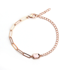 925 Sterling Silver Rose Gold Paperclip Chain Bracelet with Pink Crystal