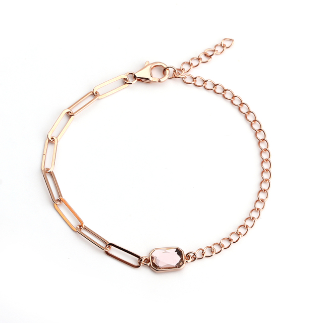 925 Sterling Silver Rose Gold Paperclip Chain Bracelet with Pink Crystal