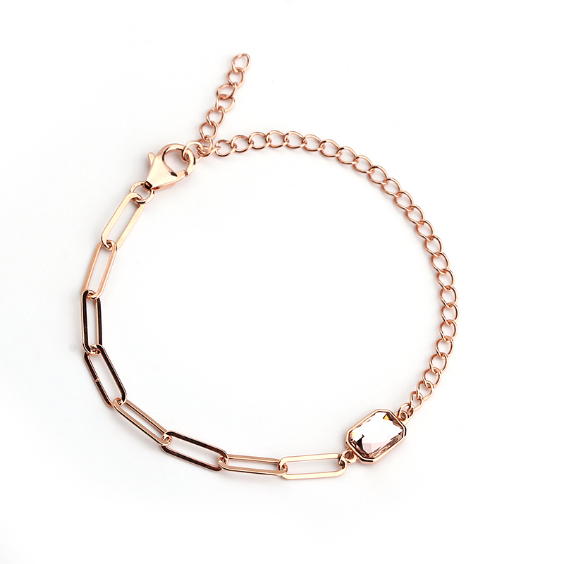925 Sterling Silver Rose Gold Paperclip Chain Bracelet with Pink Crystal