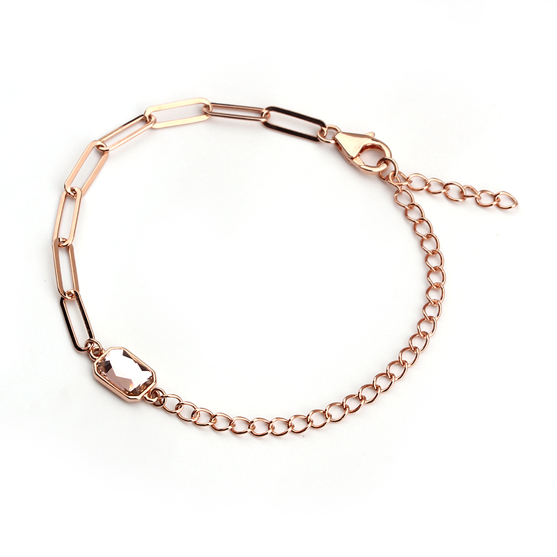 925 Sterling Silver Rose Gold Paperclip Chain Bracelet with Pink Crystal
