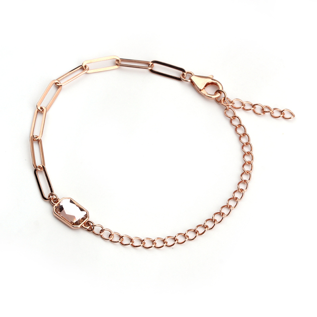 925 Sterling Silver Rose Gold Paperclip Chain Bracelet with Pink Crystal