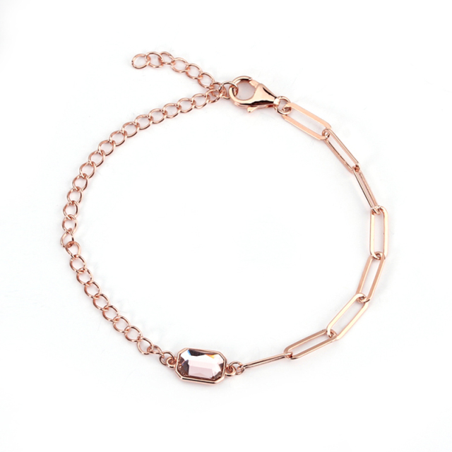925 Sterling Silver Rose Gold Paperclip Chain Bracelet with Pink Crystal