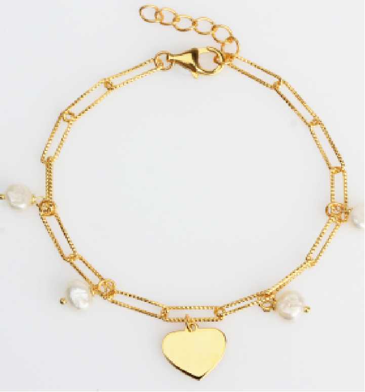 925 Sterling Silver Dainty Gold Heart Bracelet with Baroque Pearl Accents