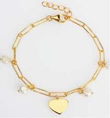 925 Sterling Silver Dainty Gold Heart Bracelet with Baroque Pearl Accents