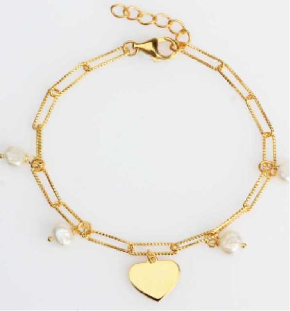 925 Sterling Silver Dainty Gold Heart Bracelet with Baroque Pearl Accents