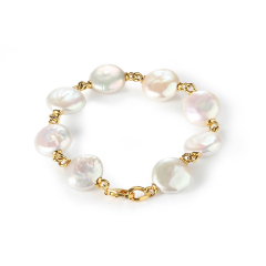 925 Sterling Silver Baroque Coin Pearl Bracelet with Gold Links