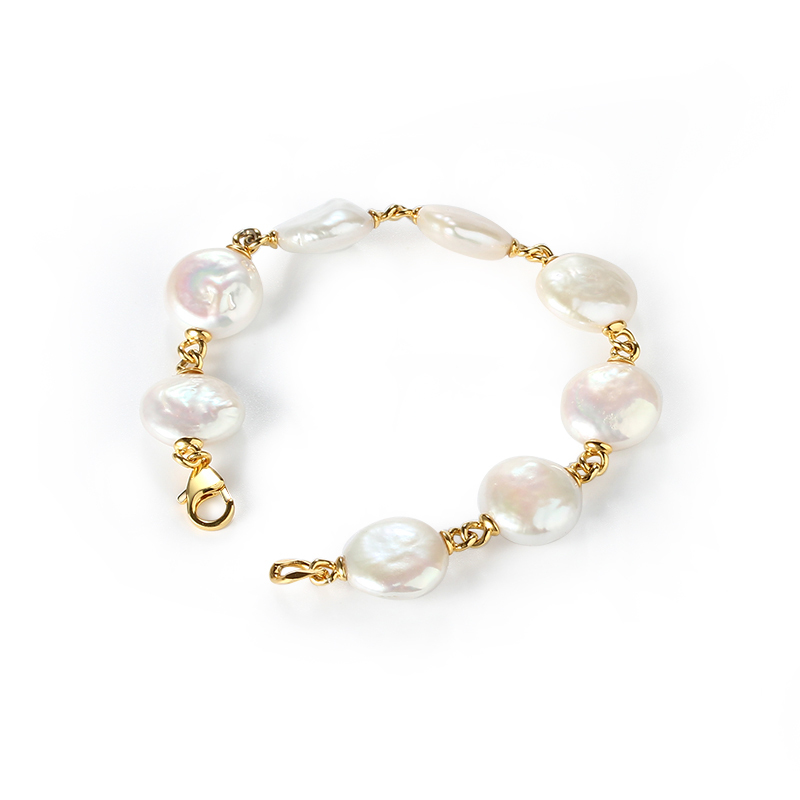 925 Sterling Silver Baroque Coin Pearl Bracelet with Gold Links