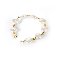 925 Sterling Silver Baroque Coin Pearl Bracelet with Gold Links