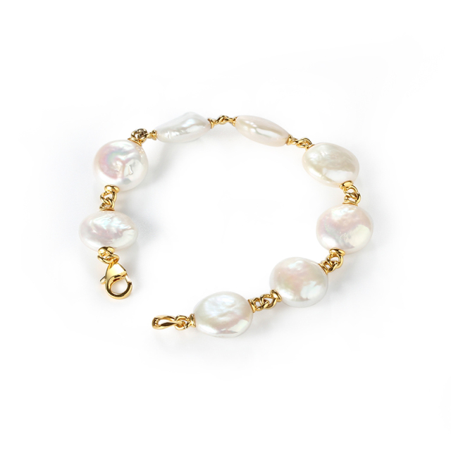 925 Sterling Silver Baroque Coin Pearl Bracelet with Gold Links
