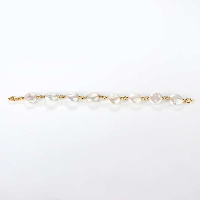925 Sterling Silver Baroque Coin Pearl Bracelet with Gold Links