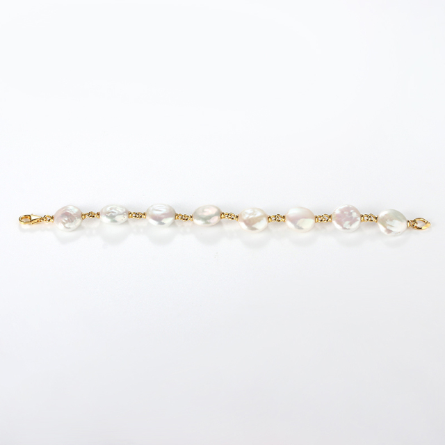 925 Sterling Silver Baroque Coin Pearl Bracelet with Gold Links