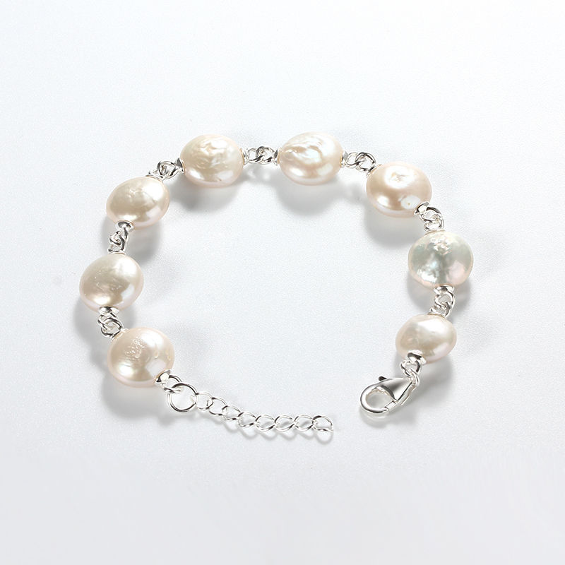 925 Sterling Silver Baroque Coin Pearl Bracelet with Gold Links