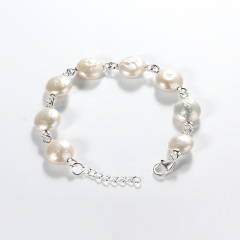 925 Sterling Silver Baroque Coin Pearl Bracelet with Gold Links