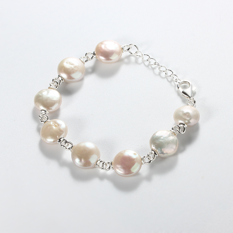925 Sterling Silver Baroque Coin Pearl Bracelet with Gold Links