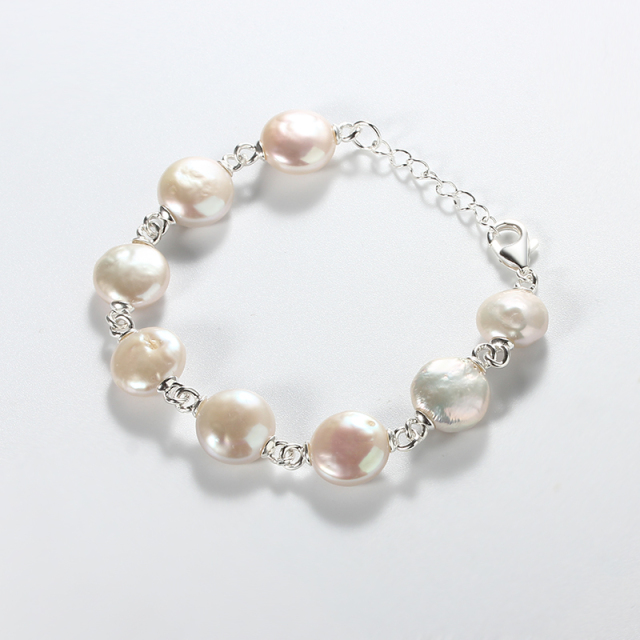 925 Sterling Silver Baroque Coin Pearl Bracelet with Gold Links
