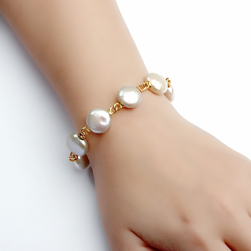 925 Sterling Silver Baroque Coin Pearl Bracelet with Gold Links