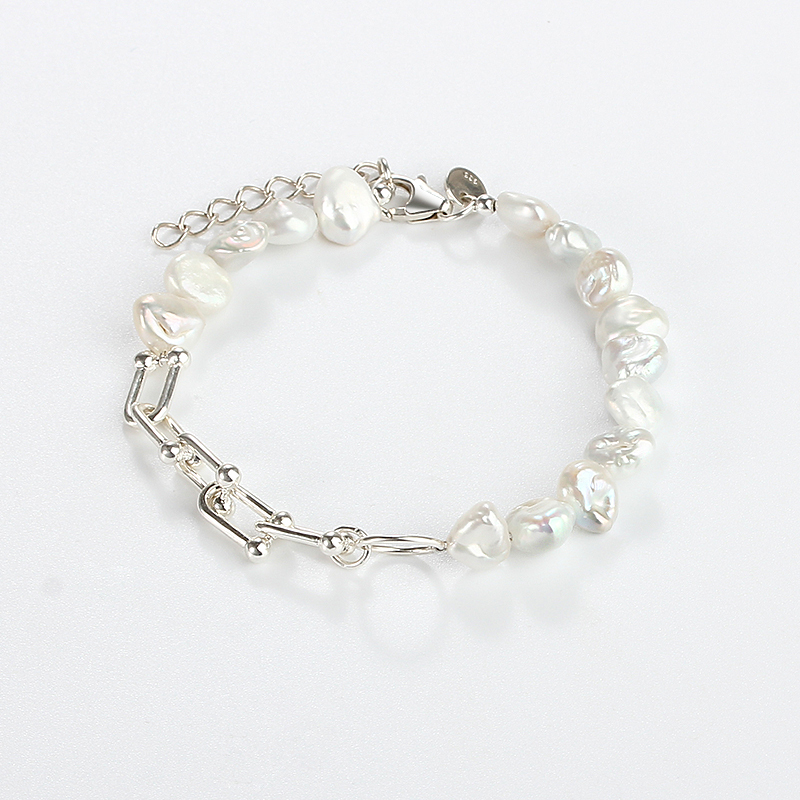 925 Sterling Silver Plated Irregular Freshwater Pearl Paperclip Link Bracelet