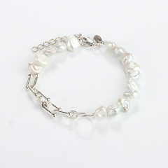925 Sterling Silver Plated Irregular Freshwater Pearl Paperclip Link Bracelet