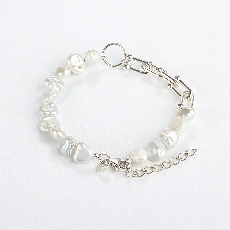 925 Sterling Silver Plated Irregular Freshwater Pearl Paperclip Link Bracelet