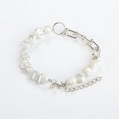 925 Sterling Silver Plated Irregular Freshwater Pearl Paperclip Link Bracelet