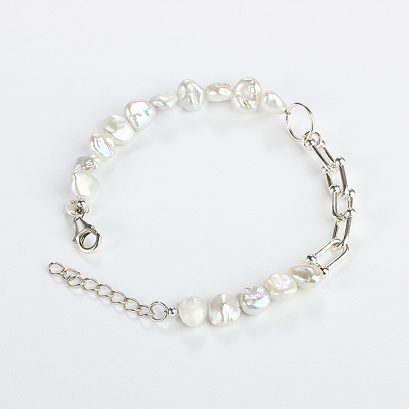 925 Sterling Silver Plated Irregular Freshwater Pearl Paperclip Link Bracelet