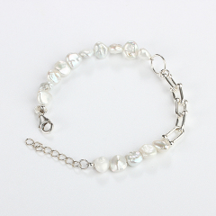 925 Sterling Silver Plated Irregular Freshwater Pearl Paperclip Link Bracelet