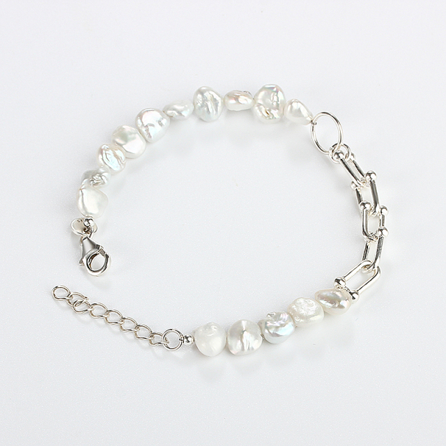 925 Sterling Silver Plated Irregular Freshwater Pearl Paperclip Link Bracelet