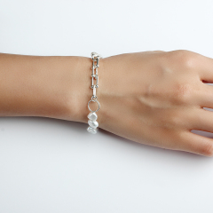 925 Sterling Silver Plated Irregular Freshwater Pearl Paperclip Link Bracelet